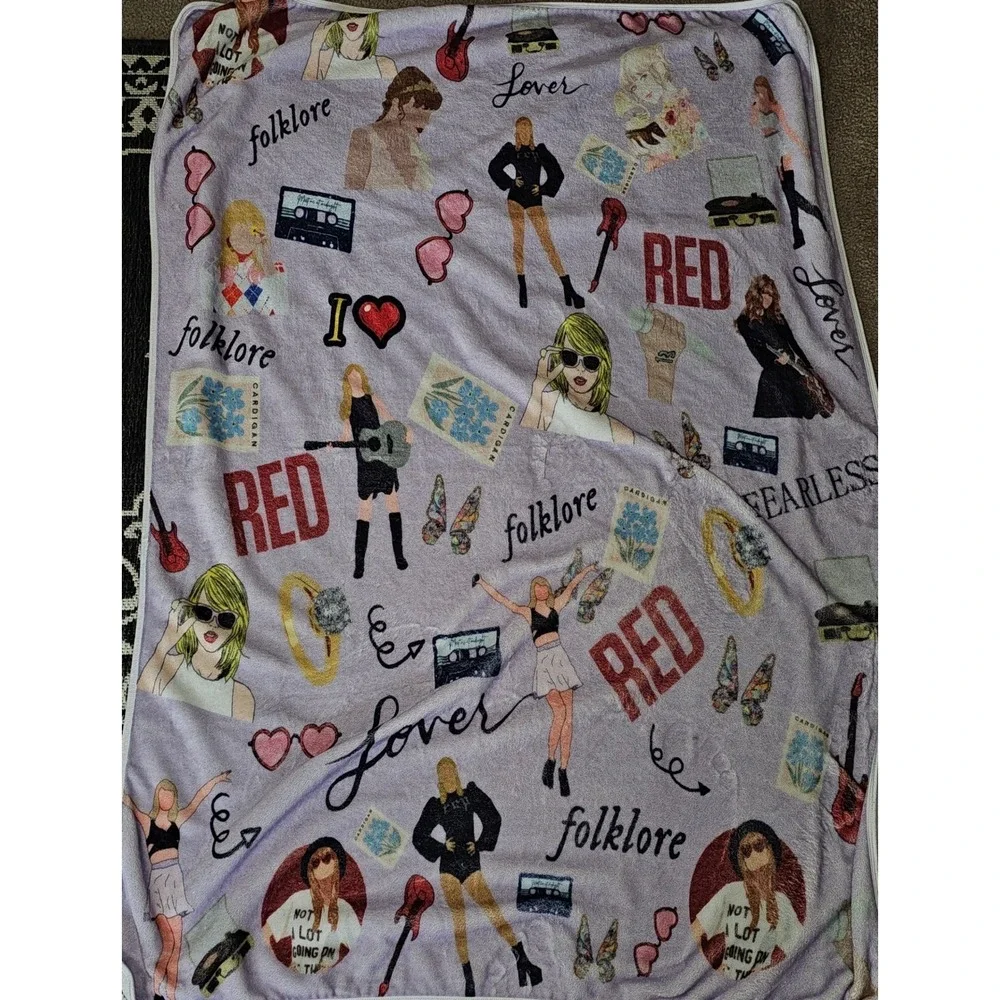 Taylor Swift Eras Collage Plush Throw Blanket Purple Folklore Red Lover Fearless